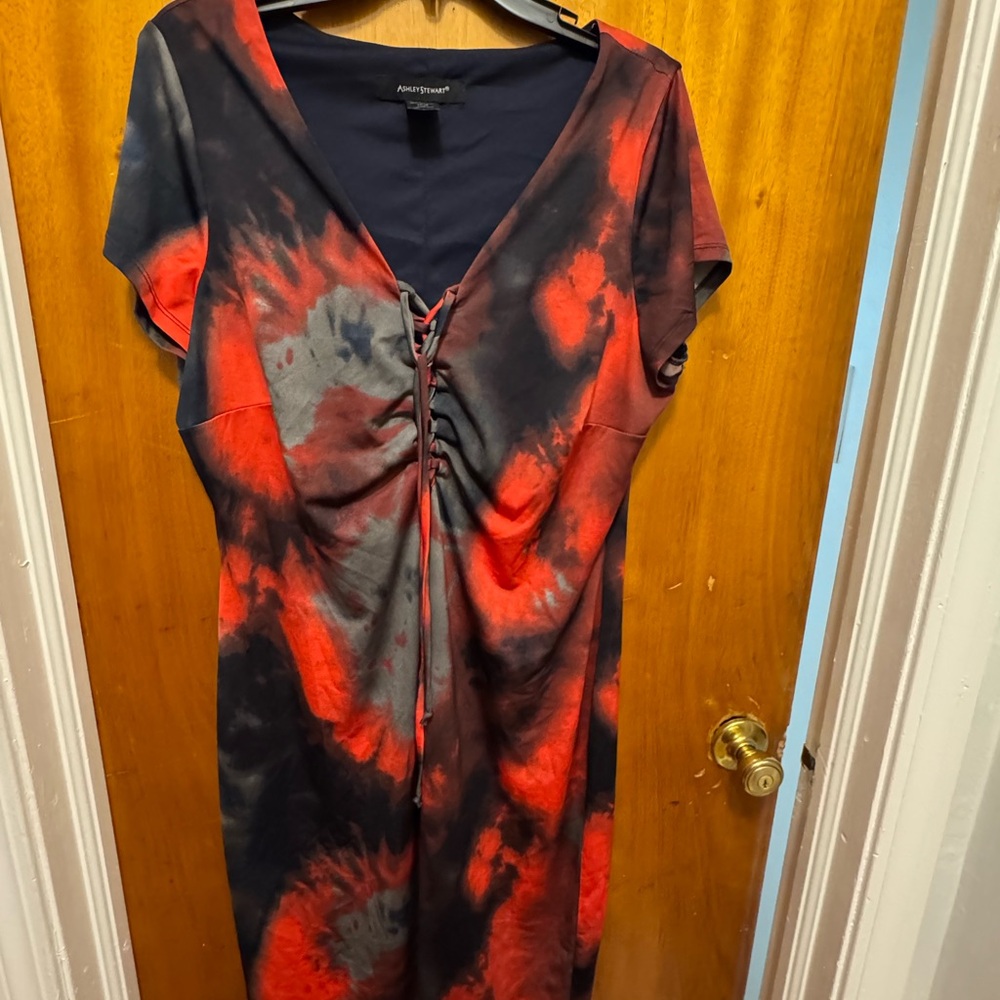 Ashley Stewart Red and Black Tie-Dye Midi Dress